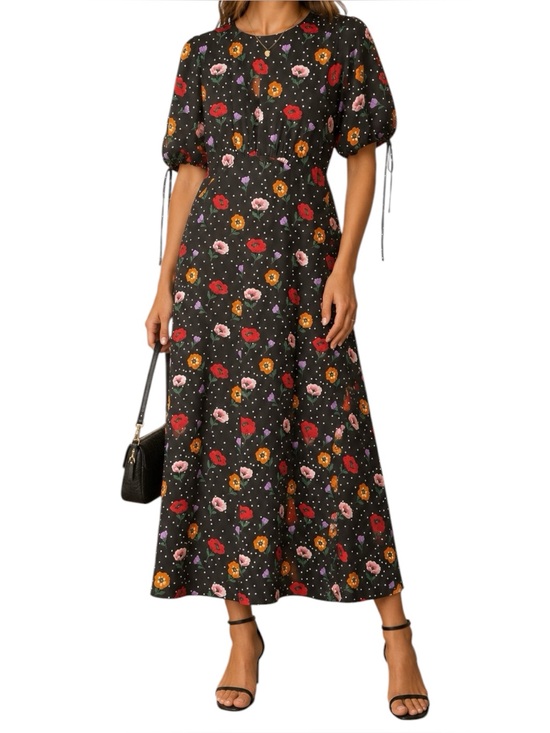 Fashion Union Dresses & Skirts - Dark Romantic Floral Polka Dot Midi Dress Size 4 Cottagecore 90’s Novelty Print